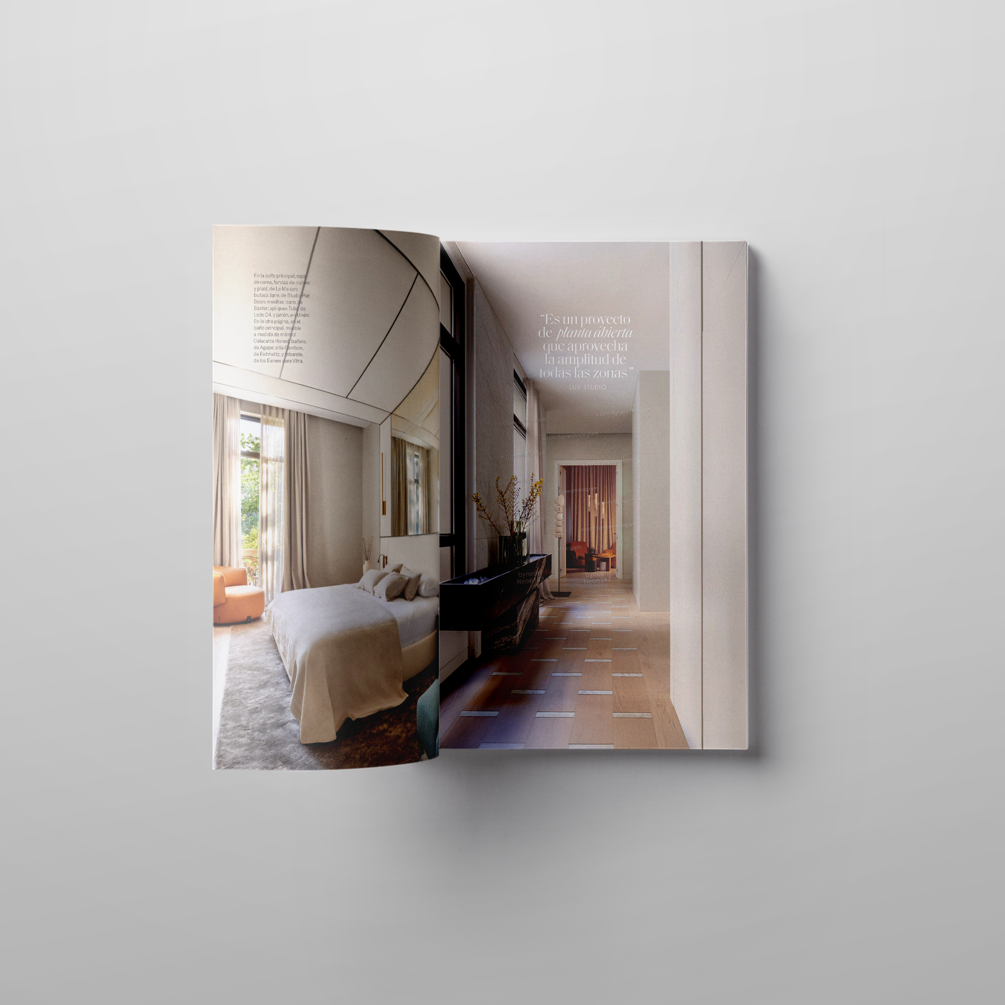 Interior view of the Passeig de Gràcia apartment by LUV Studio, featuring a serene bedroom and a light-filled corridor with refined architectural lines.